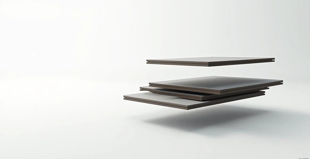 Vista laterale minimalista di uno stack-up PCB multistrato con spazi negativi