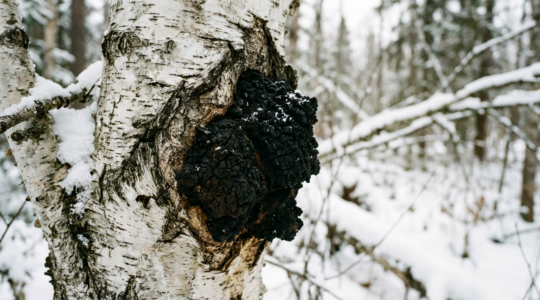 Chaga fungo medicinale che cresce su corteccia di betulla in foresta innevata