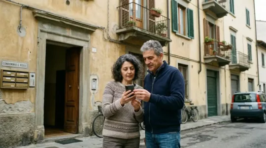 Coppia italiana consulta simulatore valutazione immobiliare sullo smartphone davanti al proprio condominio