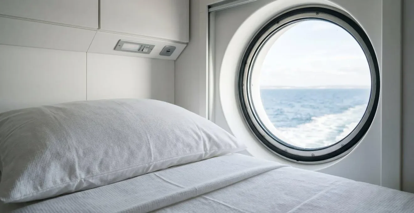 Primo piano di un letto con lenzuola bianche pulite in una cabina moderna con oblò che lascia entrare luce naturale