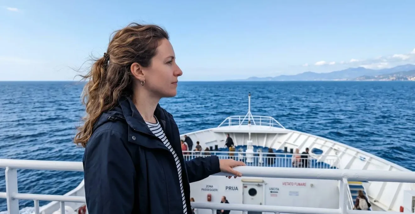 Passeggero visto di profilo che guarda l'orizzonte marino dalla prua di un traghetto moderno
