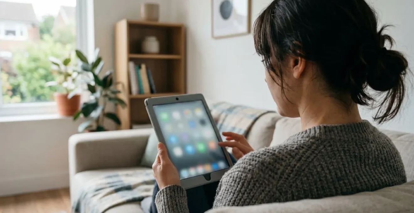 Persona vista di spalle che consulta un tablet su un divano in un salotto luminoso con luce naturale dalla finestra