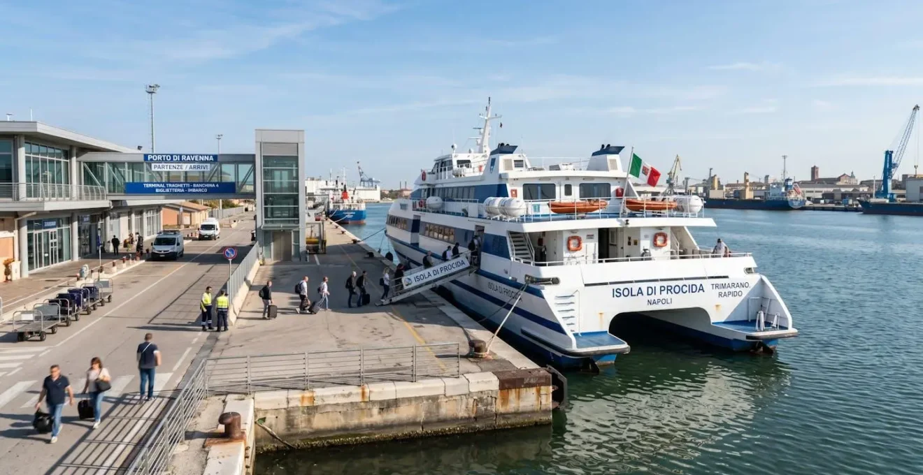 Porto marittimo italiano con traghetto bianco e blu ormeggiato al molo in una mattina di sole