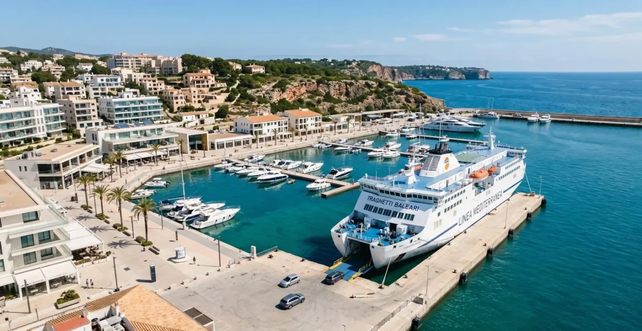 Vista aerea di un porto moderno delle Baleari con un grande traghetto bianco attraccato al molo sotto un cielo sereno